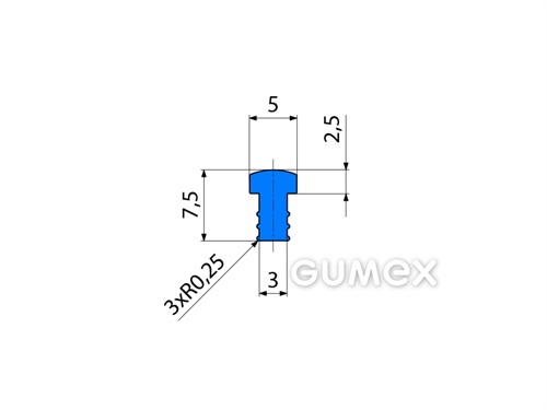 Silikónový profil tvaru "T", 7,5x5/3mm, 60°ShA, -60°C/+180°C, modrý (RAL 5015)